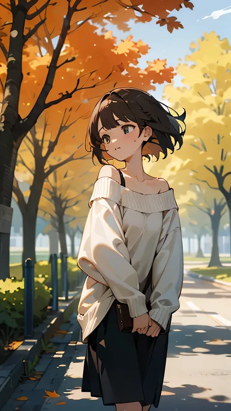 ((best quality)), ((masterpiece)), (detailed), 1girl, off-shoulder sweater, Almond Eye,The wind gently caresses my cheeks,tree々The leaves are changing color,The road I walked with you,Surrounded by the scent of autumn