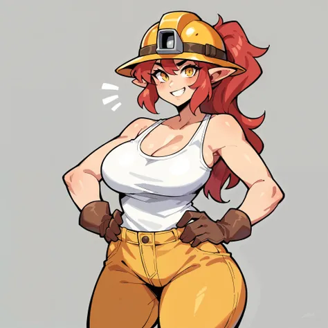 1woman, solo, short messy red hair in a ponytail, yellow eyes, pointy ears, big breasts, wide hips, white tank top, brown baggy pants, brown gloves, yellow miner helmet, blushed, smile, hands on hips, standing, looking at viewer, simple background, from th...