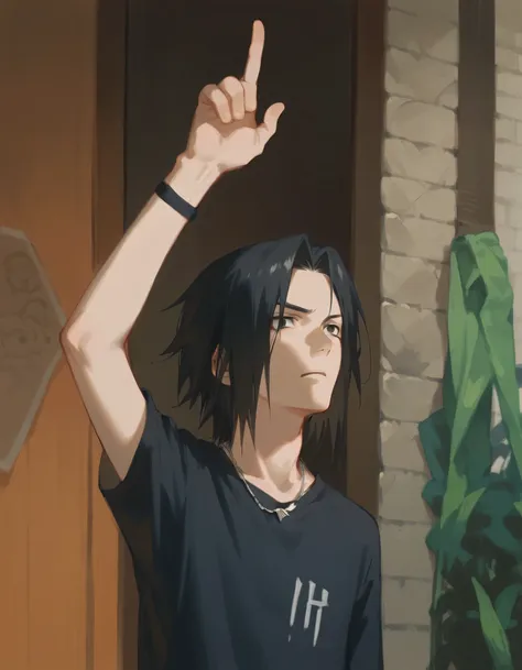 1 man, sasuke, black hair, black t-shirt, necklace, armband, raising one hand