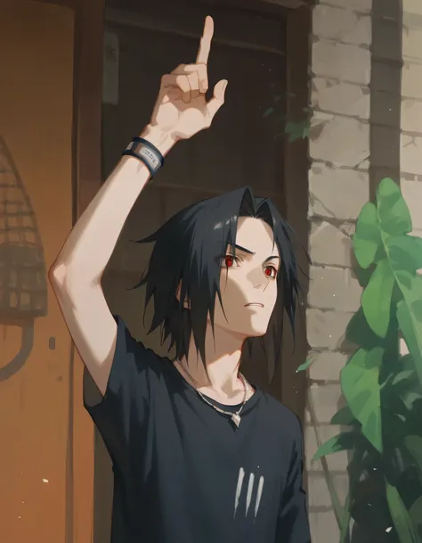 1 man, sasuke, black hair, black t-shirt, necklace, armband, raising one hand, red eyes