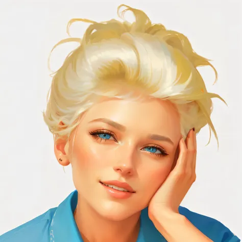 there is a woman with a blonde hair and a blue shirt, by Nil Gleyen, high quality portrait, full color illustration, full color digital illustration, color portrait, digital illustration portrait, detailed color portrait, white haired lady, rendering of cl...