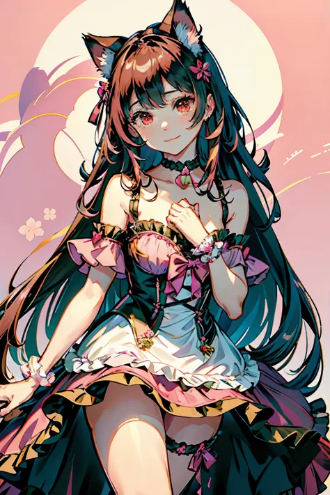 (highest quality, masterpiece, High resolution)、(anime art)、cinematic light、soft light、brown pink hair、Black cat costume、pink red Cat Costume、Tabby cat costume、pink dress outfits 、Persian Cat Costume、(3-color cat costume)、(Cat ear)、long hair、hair ornaments...
