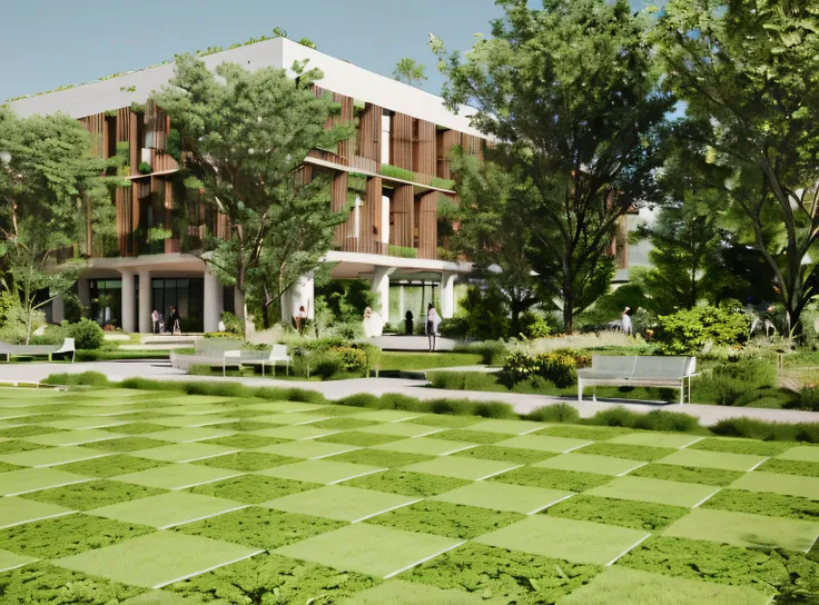 rendering of a large building with a green lawn and trees, green square, architectural render, green terrace, green spaces, digital rendering, ground-breaking, architectural rendering, architectural visualization, architecture render, school courtyard, ren...