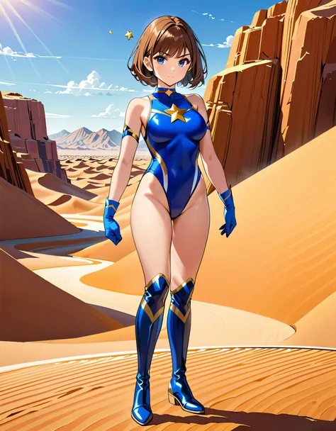 (masterpiece), (best quality), (high res), highly detailed, professional, 1girl, tall body, superhero, blue choker, blue eyes, blue footwear, blue gloves, matching boots, (blue leotard, competition swimsuit, elastic sleeves), (gold star symbol on her chest...