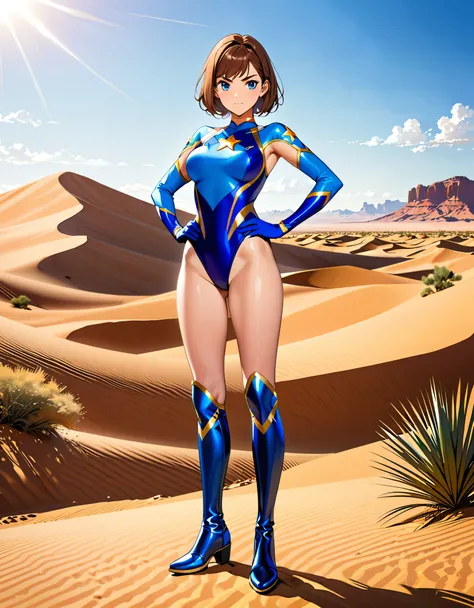 (masterpiece), (best quality), (high res), highly detailed, professional, 1girl, tall body, superhero, blue choker, blue eyes, blue footwear, blue gloves, matching boots, (blue leotard, competition swimsuit, elastic sleeves), (gold star symbol on her chest...