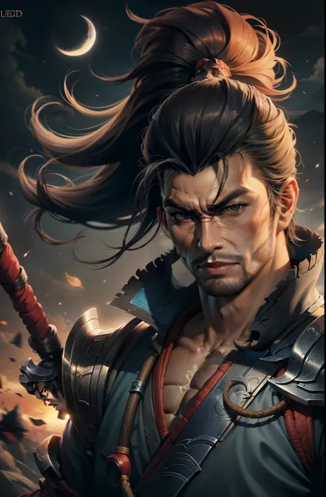 (4k,8k,best quality, masterpiece:1.2), ultra-detailed, realistic, realism, perfect face, perfect nose, detailed hair, detailed eyes, realistic colors, studio lightning, cowboy shot, upper body, (crescent_moon), (night), fighting stance, katana, sword, ys,1...