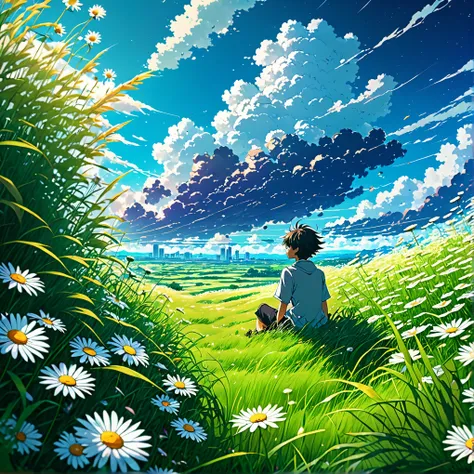 Anime landscape of a boy sitting in a field with tall grass and daisy flowers watching a void with white clouds, colorful anime scene, a beautiful anime peace scene, Makoto Shinkai Cyril Rolando, a beautiful anime scene, a background of amazing screen, an ...