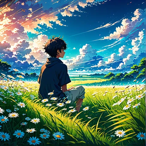 Anime landscape of a boy sitting in a field with tall grass and daisy flowers watching a void with white clouds, colorful anime scene, a beautiful anime peace scene, Makoto Shinkai Cyril Rolando, a beautiful anime scene, a background of amazing screen, an ...