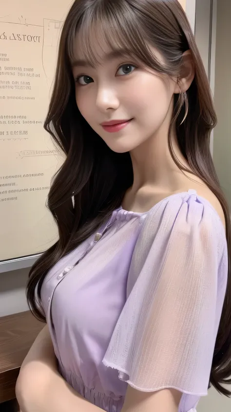 1 girl,(Wearing a light purple short-sleeved blouse:1.2),(RAW Photos, highest quality), (Realistic, Photorealistic:1.4), Tabletop, Very delicate and beautiful, Very detailed, 2k wallpaper, wonderful, In detail, Very detailed CG Unity 8k wallpaper, Very det...