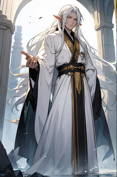 a male elf, long white hair, yellow eyes, handsome anime male, mage, long robe,  flowing hair and long robes, white haired deity,