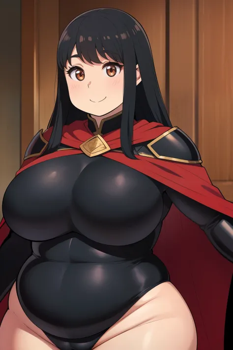 Chubby, plump girl with long black hair, brown eyes and big breasts, smiling, wearing black armor and a red cape and leotard