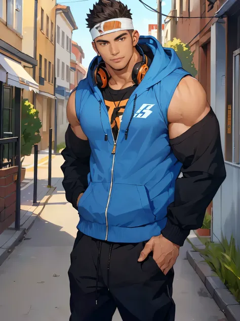 The character is a muscular young man with an athletic build and a confident, relaxed demeanor. His skin is lightly tanned, and his face is defined by sharp, well-proportioned features, including a strong jawline and high cheekbones. He has short, spiked d...