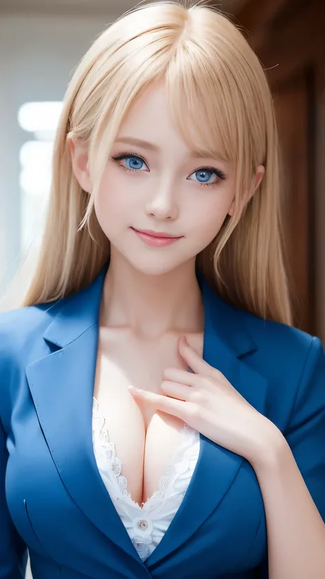 Tabletop、Best Quality、 Very detailed、High resolution、8K wallpaper、Perfect dynamic composition,、Delicate and beautiful eyes、(Beautiful breasts:1.3) 、Blue blazer、White shirt、Red Tie、Teenage Girl、1 girl、beautiful girl、Blonde、Shortcuts、blue eyes、blue eyes、blue...