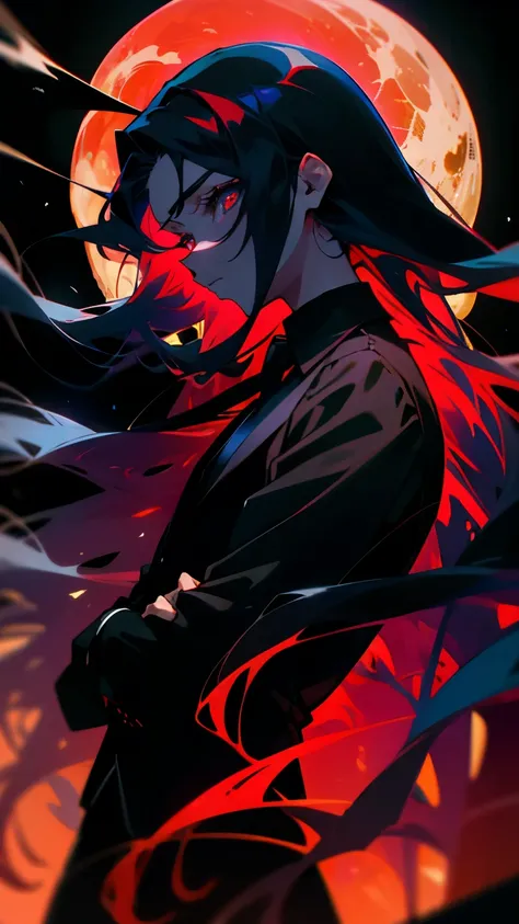 Masterpiece, ultra-detailed lighting. Side view, Anime boy, crimson eyes, detailed eyes, long eyelashes, dark blue hair with red gradient; long flowy hair, shoulder-length hair, black suit, black collared shirt, black tie. Cold, determined.