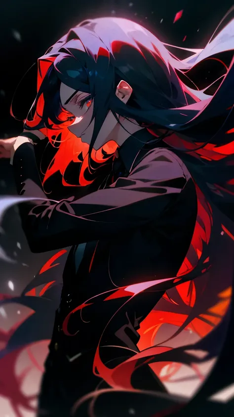 Masterpiece, ultra-detailed lighting. Side view, Anime boy, crimson eyes, detailed eyes, long eyelashes, dark blue hair with red gradient; long flowy hair, shoulder-length hair, black suit, black collared shirt, black tie. Cold, determined.