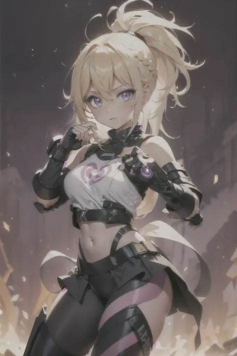 girl, blonde,ultra messy hair, multicolored bangs, braids, long ponytail, angelical forniture, celestial guardian, purple and pink theme, cute pose, long celestial boots, yoga pants, iron shoulders, short breastplate, fingerless gloves, gold gauntlets, ult...