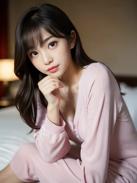 (Best-quality, Masterpiece, Ultra-High-Resolution, (Photorealistic:1.4), Raw Photo, depth of field, professional lighting, perfect anatomy, extremely details), 1girl, 15-years-old, the most famous Japanese idol, (wearing loveliest loungewear), sitting on b...