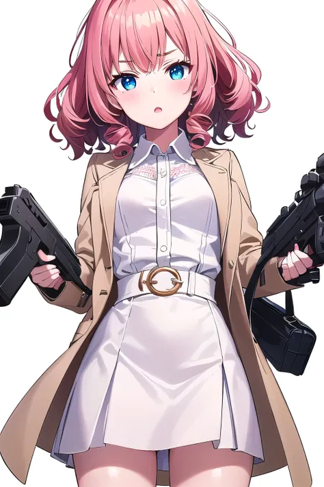 1 girl,boyish, curly hair, pink Hair, medium Breasts, Lace blouse, Midi flare skirt, Beige trench coat, Pearl accessories, Clutch bag, Heeled pumps, blush,blue eyes,clearly, (white background:1.3), (glossy:1.5), rifle laser beam