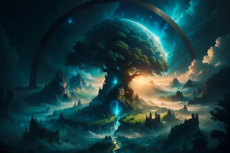 (masterpiece, best quality, (beautiful and aesthetic:1.2), extremely detailed), Illustration of a surreal, otherworldly, hyper sky scene including a giant tree full body, highly detailed and magical lighting, intricate forest details, vegetation and surrou...