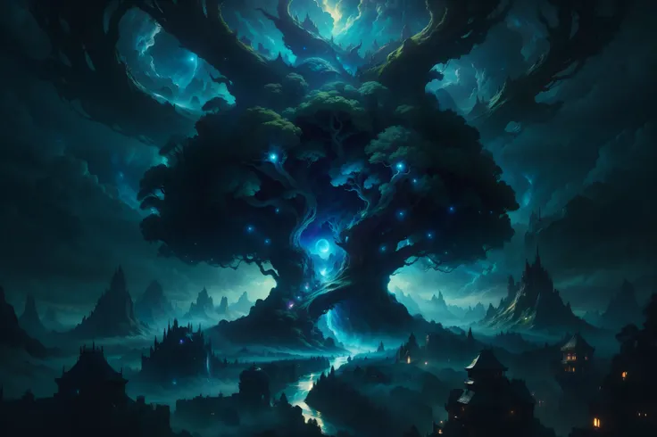 (masterpiece, best quality, (beautiful and aesthetic:1.2), extremely detailed), Illustration of a surreal, otherworldly, hyper sky scene including a giant tree full body, highly detailed and magical lighting, intricate forest details, vegetation and surrou...