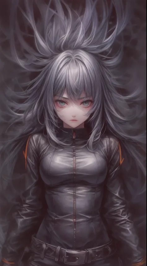 Centered image:1.4, dark and torn, ((1 young and beautiful muscular body in leather clothes:1.6)), fierce expression, holding a gun, (colors in your clothes, warm, orange, yellow, violet: 1.3), standing on a desolate field , dramatic lighting, intense shad...