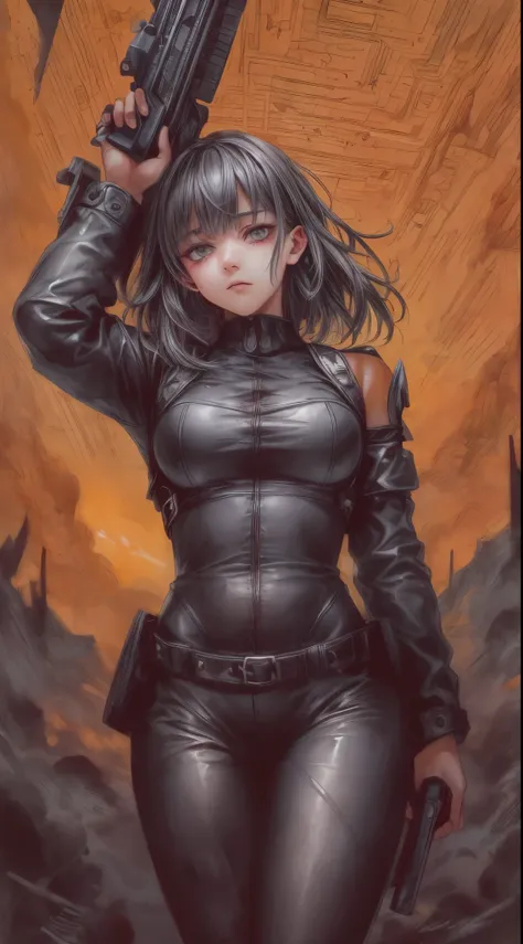 Centered image:1.4, dark and torn, ((1 young and beautiful muscular body in leather clothes:1.6)), fierce expression, holding a gun, (colors in your clothes, warm, orange, yellow, violet: 1.3), standing on a desolate field , dramatic lighting, intense shad...