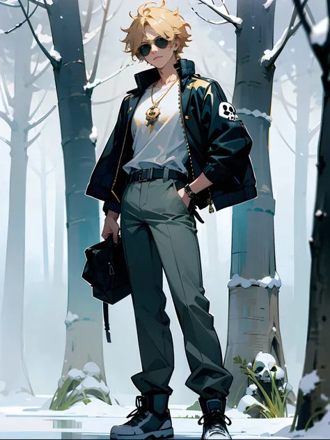 1male, Messy Blonde Hair , Black Aviator Shades ,Golden Chain Necklace , Black Puffer Unzipped Jacket , White Graphic T-Shirt Underneath, Designer Sneakers, Skull Pendant on Jacket , Purple Sash Belt ,Baggy Grey Pants , Boots , Standing in Snowy Forest 