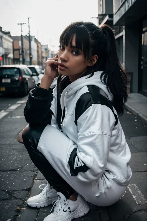 a woman with thick black leggings, white urban hoodie, white sneakers,detailed face,detailed eyes,detailed lips,full body,photorealistic,intricate details,high quality,cinematic lighting,dramatic lighting,moody lighting,vibrant colors,beautiful portrait,ur...