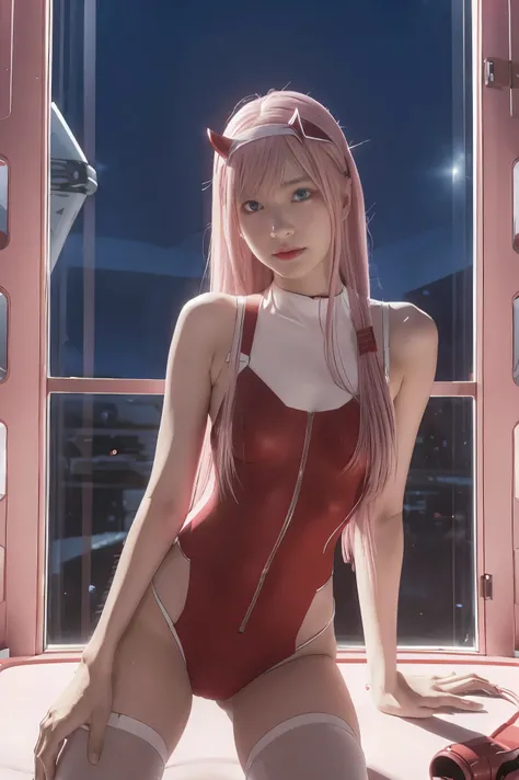 dynamic angle,ultra-detailed, illustration, straight on, 1girl, ((Zero two, interface headband with a pair of horns, red bodysuit:1.4, pink hair)), Her eyes shone like dreamy stars,(glowing eyes:1.233),(beautiful and detailed eyes:1.1),(expressionless, clo...