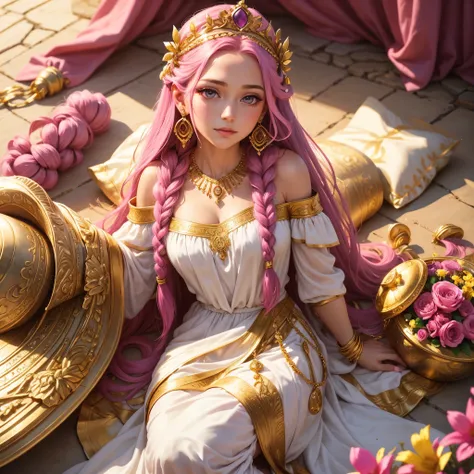 1 girl, goddess, soft smile, fuchsia eyes, narrowed eyes, fuchsia hair, long hair, two braids, gold tiara, gold earrings, gold necklace, gold accessories, white dress, greek style dress, field of flowers
