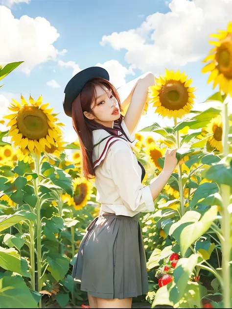 Jennie Kim, surrounded by sunflowers, full lips, red hair, strawberry shaped hat