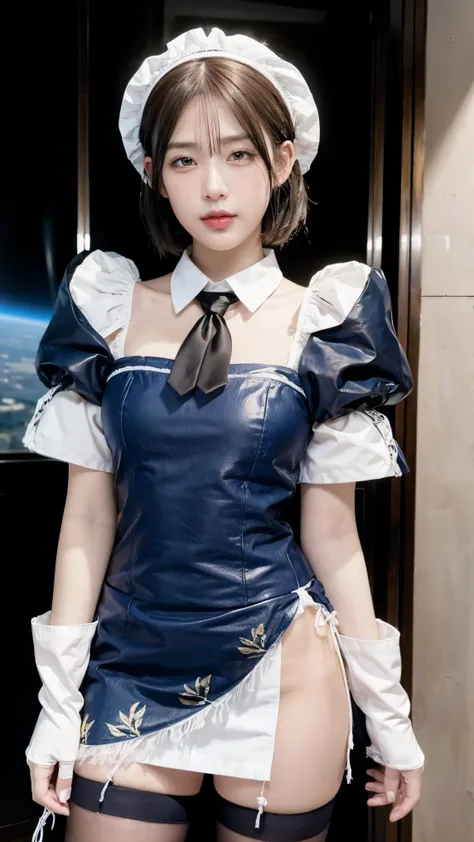 2d, masterpiece, best quality, anime, highly detailed face, highly detailed eyes, highly detailed background, perfect lighting, cowboy shot, 1girl, solo, aki rosenthal, collared dress, short dress, short sleeves, blue jacket, black thighhighs, detached hai...