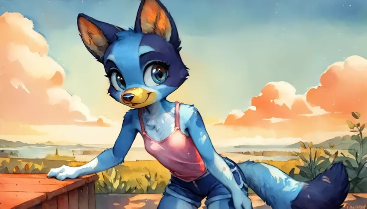 score_9, score_8_up, score_8, 1girl, source_cartoon, source_furry, watercolor style, wallpaper, blueyxl, bluey heeler, (boxchibi:0.2), (cub), girl, cowboy shot, anthro, furry, tail, blue body, animal ears, flat shaded background, sky, day, cloud, blue sky,...