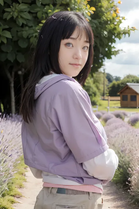 masterpiece, absurdres, hinata(boruto), 1girl, solo,mature female, purple hoodie,layered sleeves, brown pants,  outdoors,lavender flower field, looking at viewer, (falling petals), cloudy sky, perfect composition, detailed lips, big breast, beautiful face,...