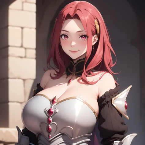 My Sophia, red hair woman, pink eyes sweet look, smile, blush, Big breasts, He wore armor, big chest, neckline, background a fantasy castle.