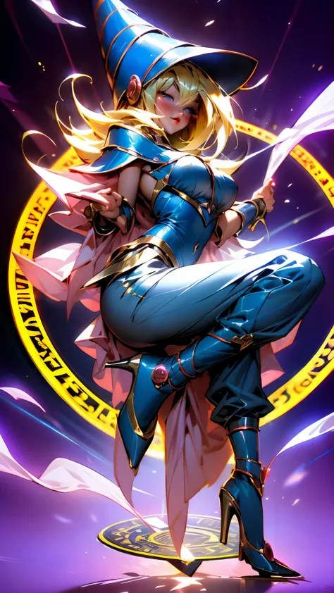 dark magician gils, with high-heels. Pants,  sexy, Subjective and sensual pose. magic background. Magical heart in the air. magic circle 