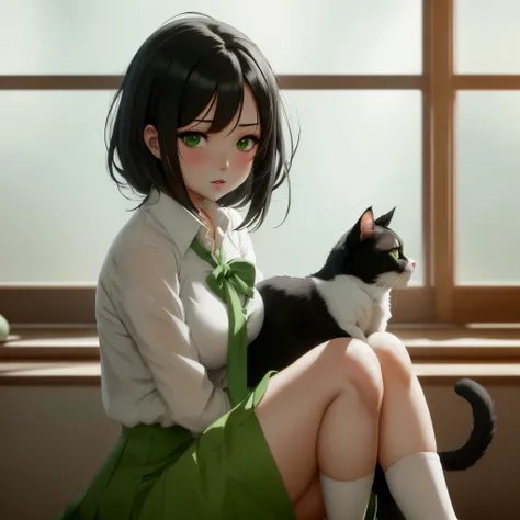 Anime girl in white shirt and green skirt with a black and white cat, Beautiful anime girl squatting, seductive anime girl, The anime girl is crouching, Ecchi anime style, ecchi, thighs!!!, breasts, ecchi style, By Jin Homura, thighs!!!!!!, Beautiful and s...