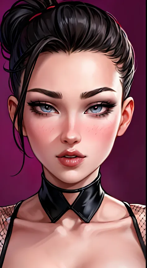 Amazing portrait of a sexy woman with her hair tied back in a high bun with her eyes emphasised by smokey eyeliner gazing at us seductively with her perfect lips parted wearing a red dress with black laces and fishnets