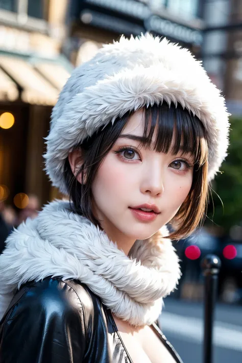 (masterpiece, Best Quality),One Girl, alone, Black-haired, scarf, Have, Realistic, Realistic, Gazing at the audience, Light-coloured black eyes, Short Brunette Bob, Brown coat, Winter clothes, White headscarf, Lips are banned, Outdoor, Mouth closed, Upper ...