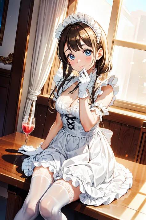 Teenage Girl，Attractions，have fun，in love，(Wearing a white modern and innovative maid outfit，Wearing stockings)，(White ruffle gloves)，White hair，Sacred headdress，Transparent lace，Beautifully dressed，Alone，Dining room，Beverages，(night:1.1)，Delicate and beau...