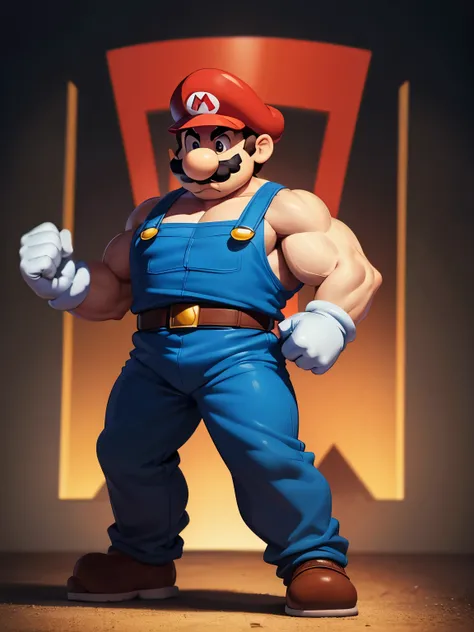 Super Mario Bros pumped up two meters tall, mario jumpsuit, showing off his muscles, huge mustache
