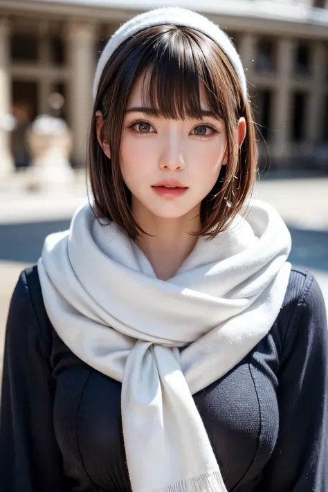 (masterpiece, Best Quality),One Girl, alone, Black-haired, scarf, Have, Realistic, Realistic, Gazing at the audience, Light-coloured black eyes, Short Brunette Bob, Brown coat, Winter clothes, White headscarf, Lips are banned, Outdoor, Mouth closed, Upper ...