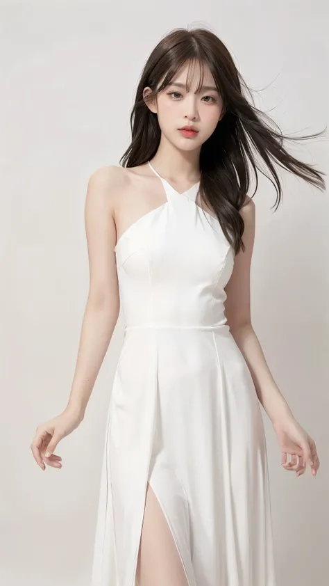 1girl, white  formal long dress,white background, 