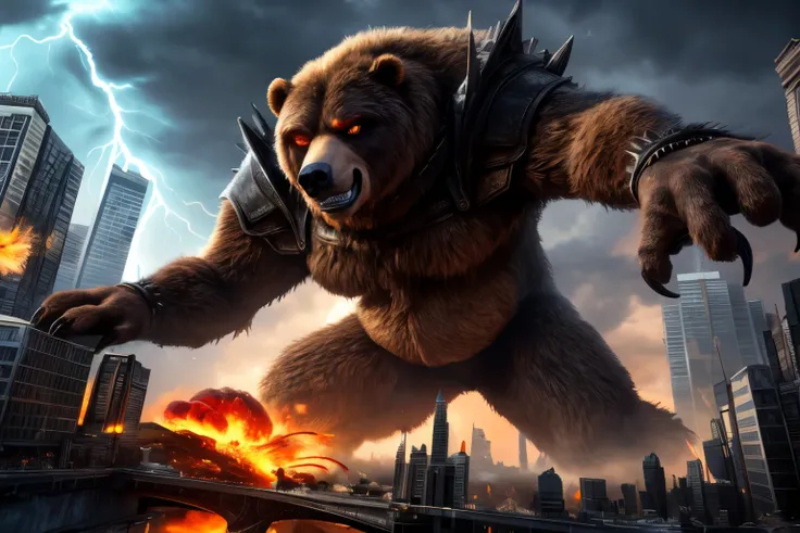 furry, bear, macro, giant, giga, group, outside, detailed background, city, city destruction, fire, explosion, building destruction, crush, punch, punch ground, musclegut:1.5, brown fur, detailed fur, thick eyebrows, white eyebrows, frown, grin, looking at...