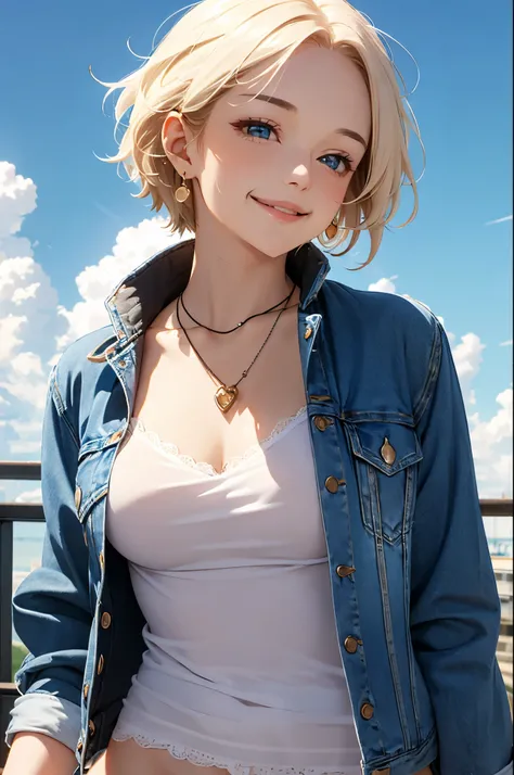 1girl, solo, blonde hair, blue eyes, short hair, jewelry, earrings, smile, jacket, looking to the side, denim, denim jacket, upper body, lingerie, closed mouth, cloud, sky, day, looking away, blue sky, collarbone, jenya.d