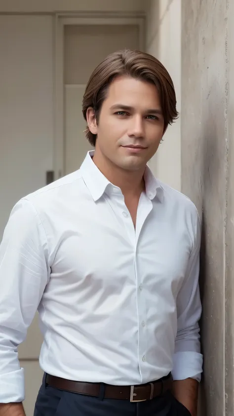 a professional portrait of a man with medium length brown hair. he is dressed in casual business attire, with a white shirt, rem...