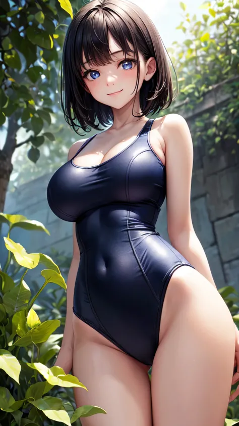 ((masterpiece,best quality,ultra detailed,high resolution)),looking viewer,(solo,womlan),cowboy shot,light-smile,black_hair,(beautiful detailed face,beautiful detailed eyes,fair skin),((skinny,narrow waist)),(school-swimsuit),on the garden,big_breasts,perk...