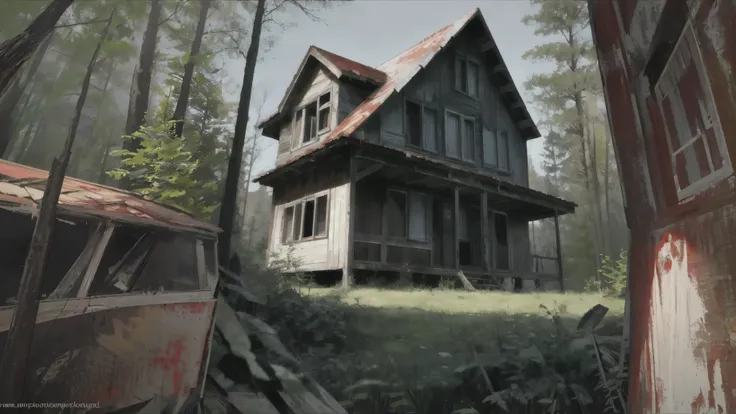 there is a old house in the woods with a rusty roof, abandoned house, the house in the forest, stefan koidl inspired, old house, eerie nostalgic concept art, old abandoned house, abandoned cottage, house in forest, house in the wood, inspired by Gregory Cr...