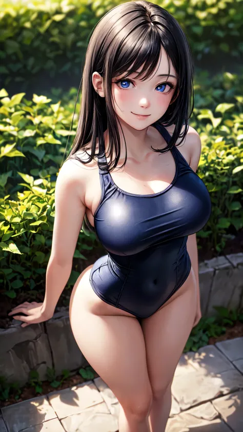 ((masterpiece,best quality,ultra detailed,high resolution)),looking viewer,(solo,womlan),cowboy shot,light-smile,black_hair,(beautiful detailed face,beautiful detailed eyes,fair skin),((skinny,narrow waist)),(school-swimsuit),on the garden,big_breasts,perk...