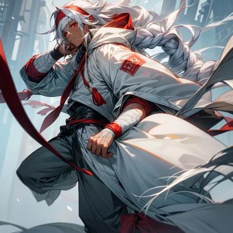 1male, young adult, dark skin, finely detailed red eyes, wild long hair, white hair color, long braid, puffer snow hoodie, head band, baggy pants, day time, snowy village, calm expression, muscular, tattoos, bandages around arm, anatomically correct 